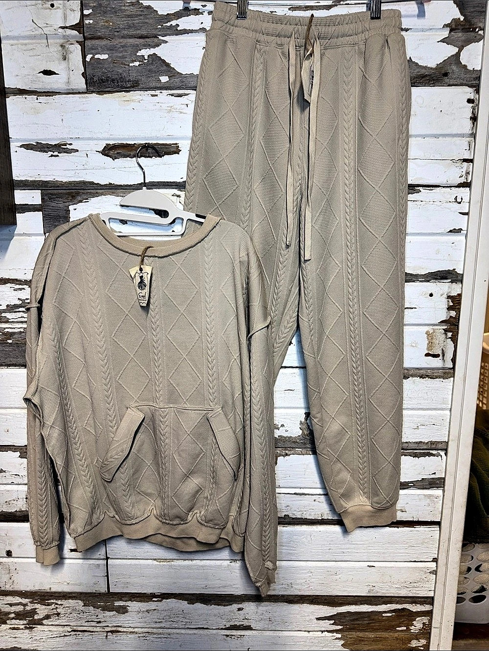 Easel Geometric Knit Lounge Set in Beige Size Small NWT ((030
